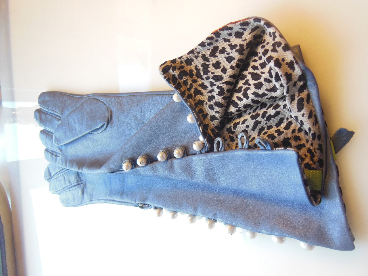 Blue Handmade Leather Gloves, Genuine Pearl Buttons, Love & Gratitude lining