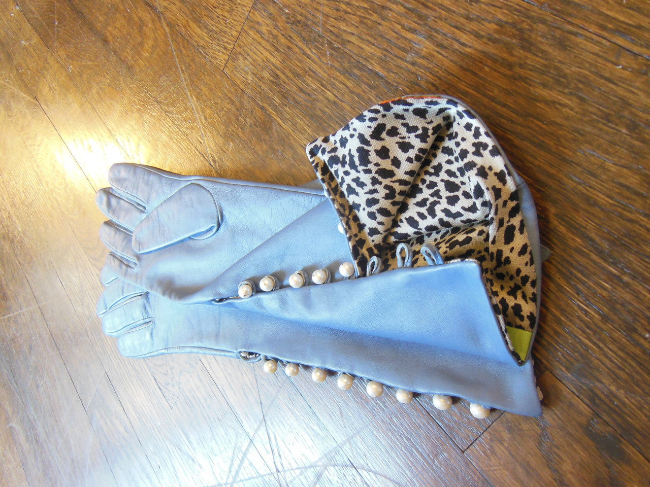 Blue Handmade Leather Gloves, Genuine Pearl Buttons, Love & Gratitude lining