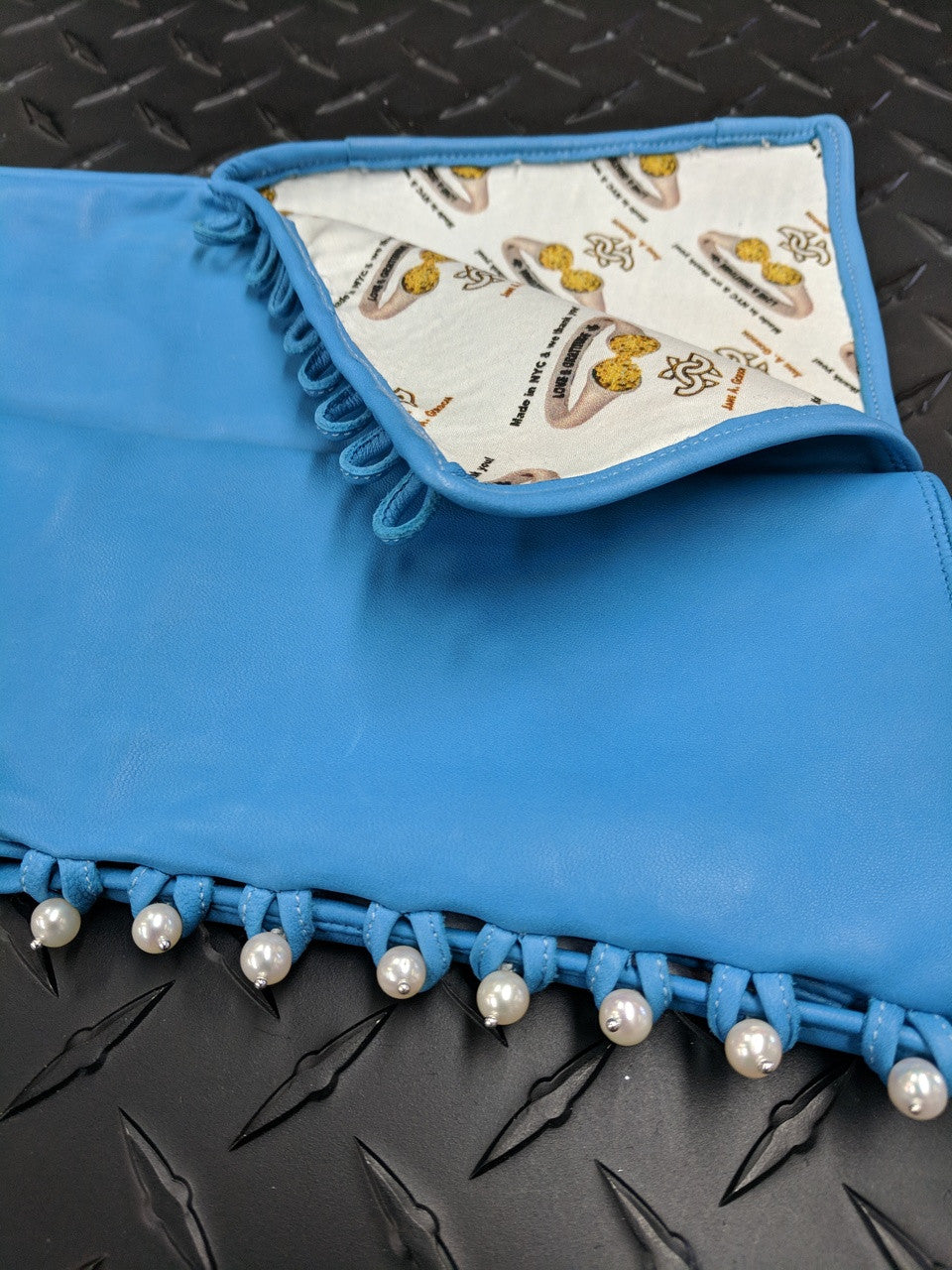 Blue Handmade Leather Gloves, Genuine Pearl Buttons, Love & Gratitude lining