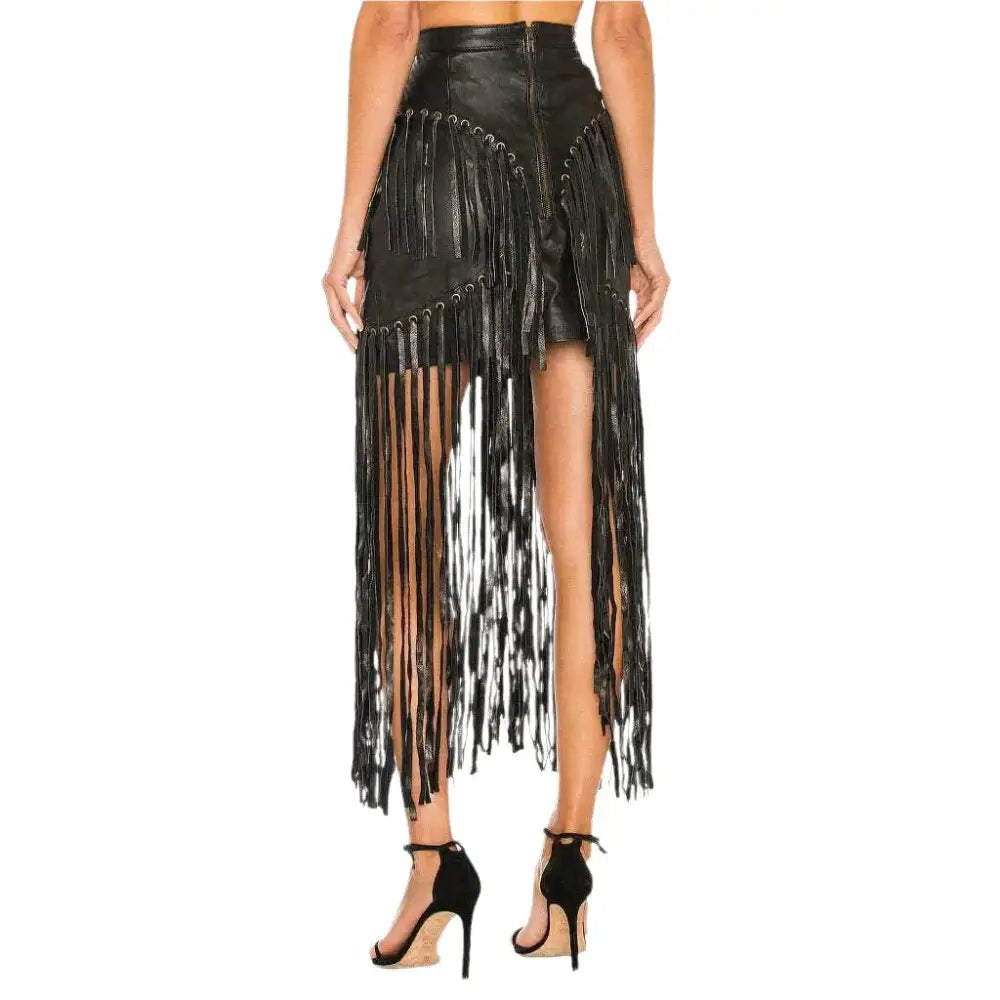 Women’s Black Long Fringe Detailed Leather Skirt