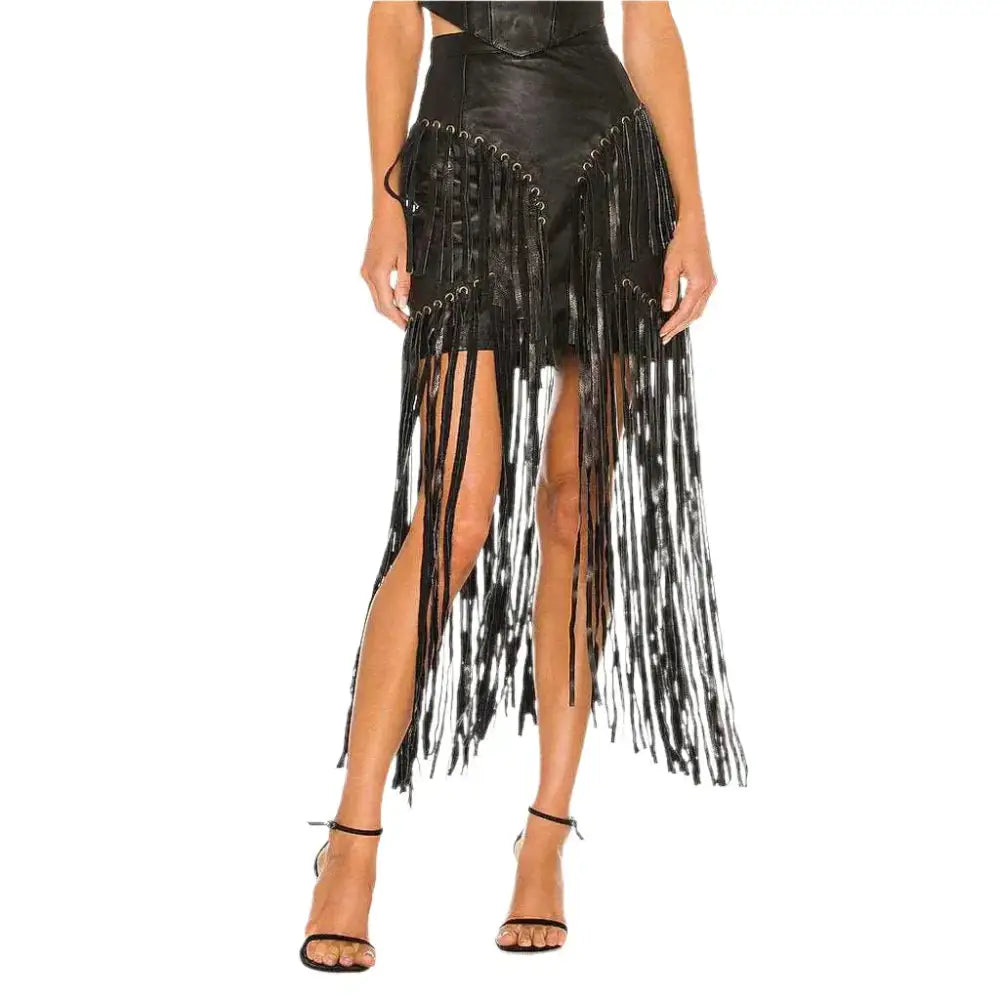 Women’s Black Long Fringe Detailed Leather Skirt
