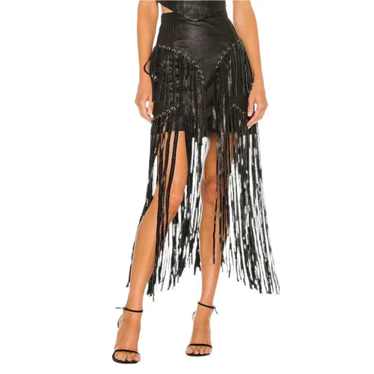 Women’s Black Long Fringe Detailed Leather Skirt