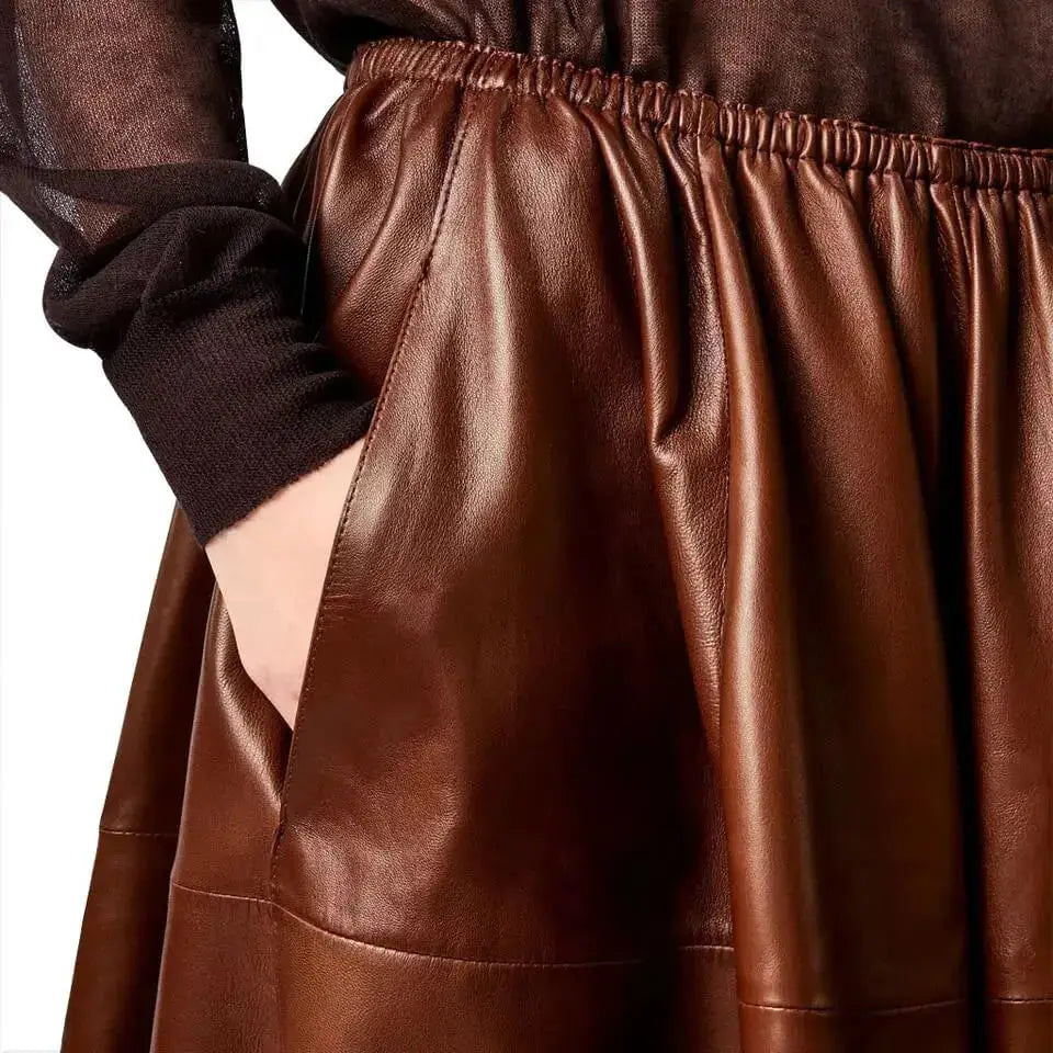 Women’s Brown Real Leather A-Line Flare Midi Skirt