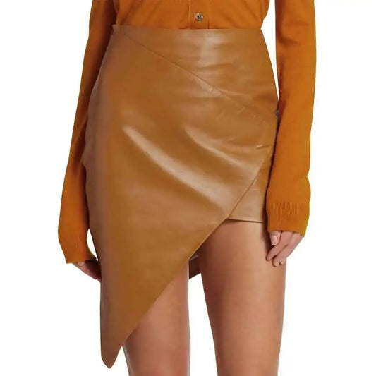 Women’s Brown Wrap-Style Genuine Leather Skirt