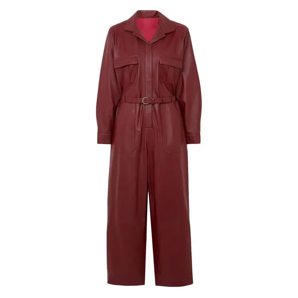 Women's Cherry Red Leather Jumpsuit