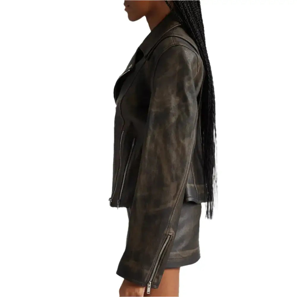 Women's Distressed Black Leather Jacket with Zipper Detail