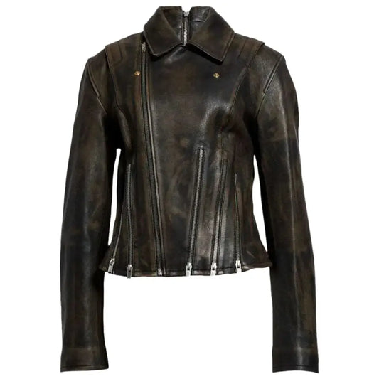 Women's Distressed Black Leather Jacket with Zipper Detail