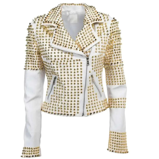 Women’s Golden Studded White Leather Jacket
