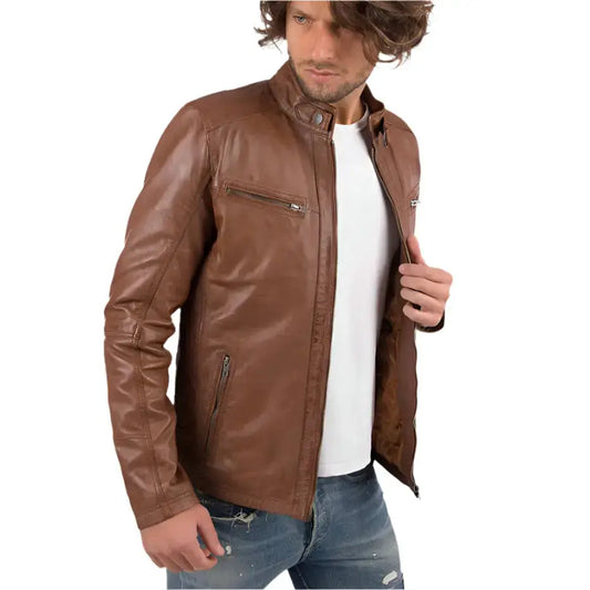 Mens Cognac Sheep Leather Biker Jacket