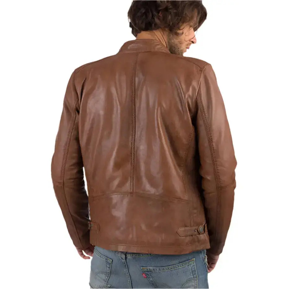 Mens Cognac Sheep Leather Biker Jacket