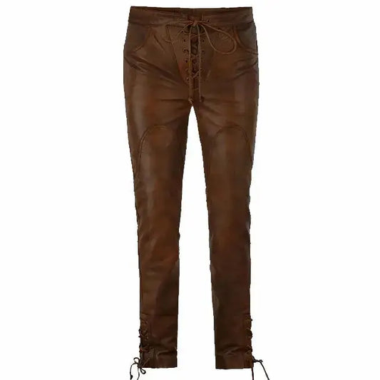 Tan Brown Leather Biker Jeans-0