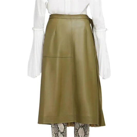 Women's Olive Green Wrap-Style Midi Leather Skirt