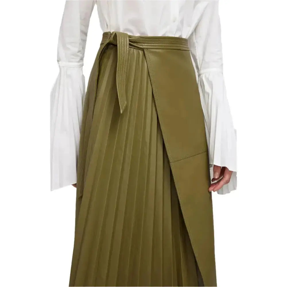 Women's Olive Green Wrap-Style Midi Leather Skirt