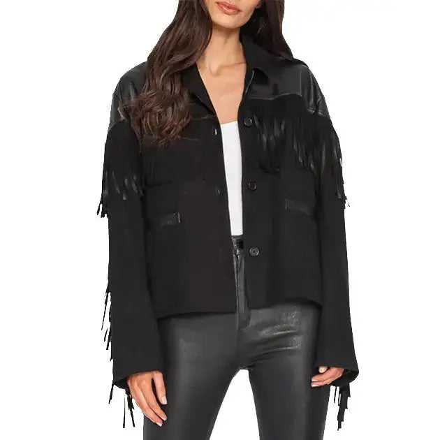 Women's Suede Fringe Jacket with Leather Shoulders – Western Cowgirl Shirt