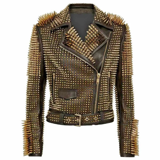 Women’s Golden Studded Spikes Leather Jacket
