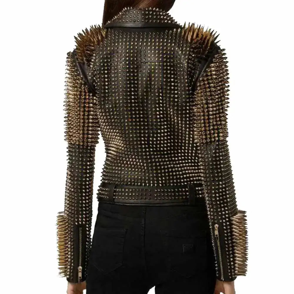 Women’s Golden Studded Spikes Leather Jacket