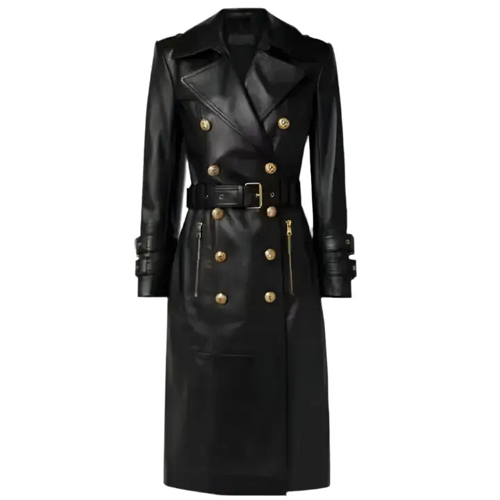 Women's Black Long Leather Trench Coat