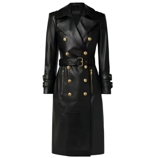 Women's Black Long Leather Trench Coat