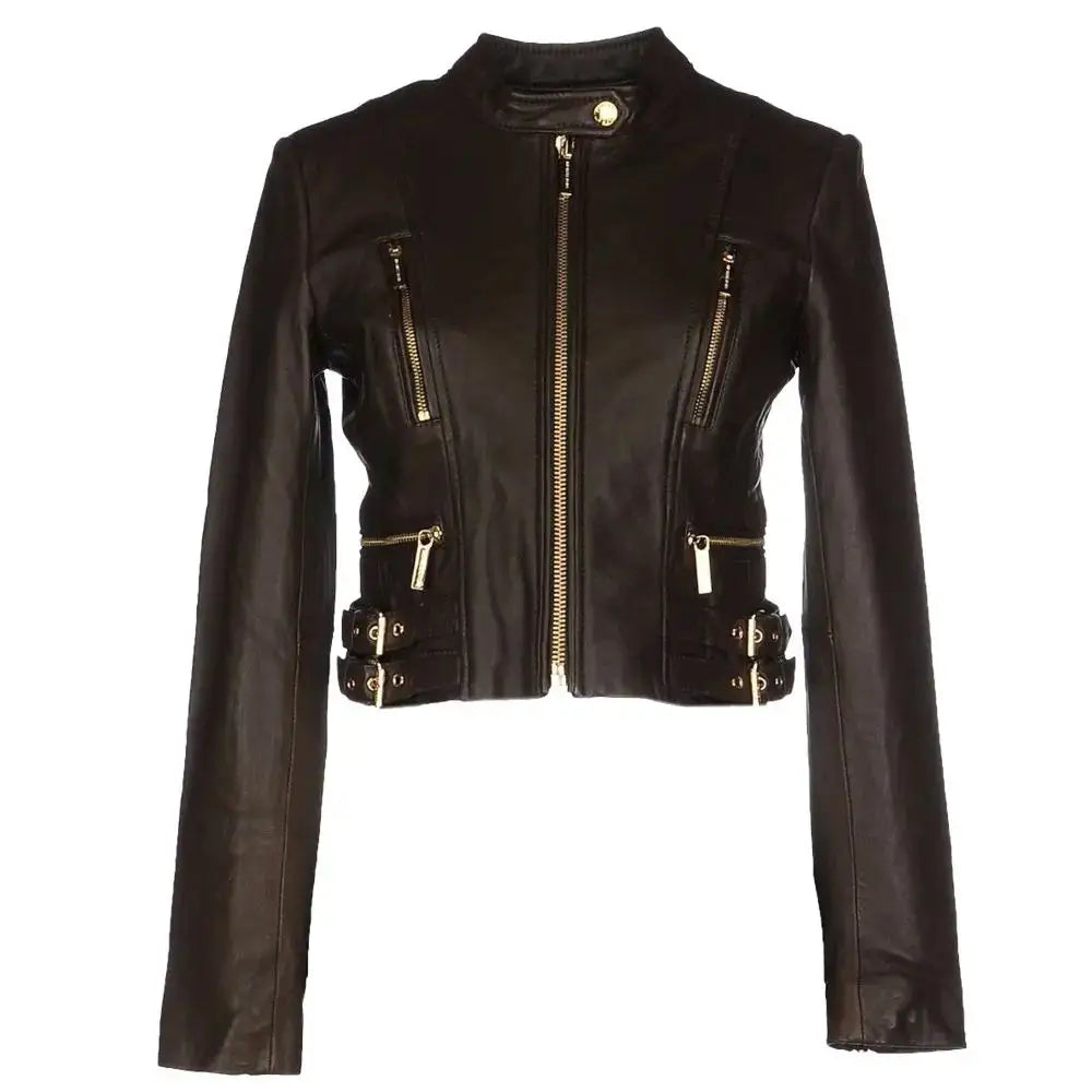 Women’s Golden Vintage Zipper Biker Leather Jacket