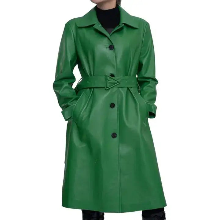 Women's Green Lambskin Leather Trench Coat