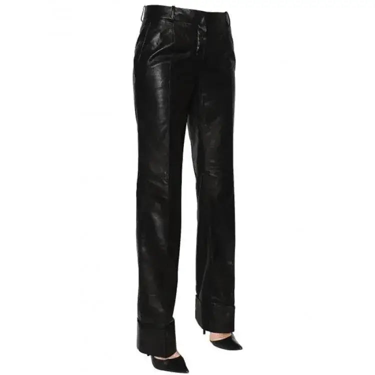 Women's Long Straight Leg Black Lambskin Leather Pants
