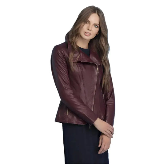 Women’s Maroon Leather Jacket with Stitched Collar Details