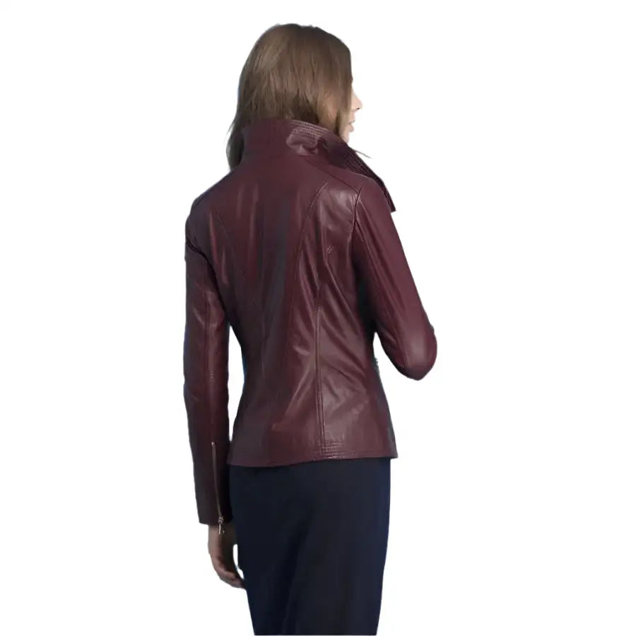 Women’s Maroon Leather Jacket with Stitched Collar Details