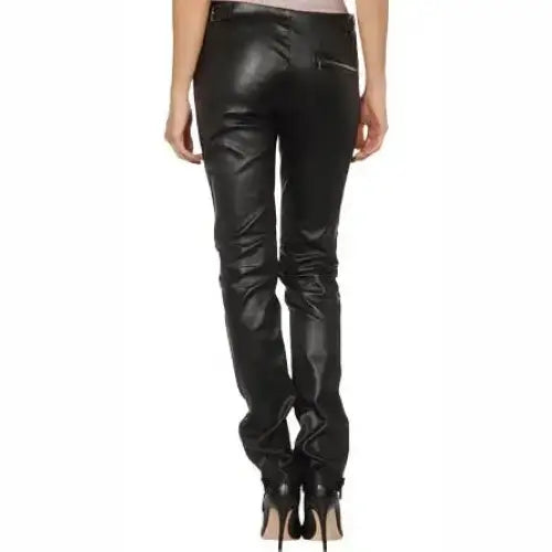 Women’s Lambskin Skinny Straight Leg Leather Pants with Zipper Detail