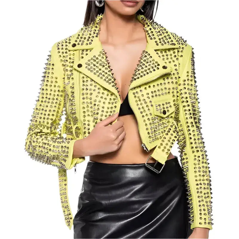 Women’s Yellow Studded Brando Biker Jacket