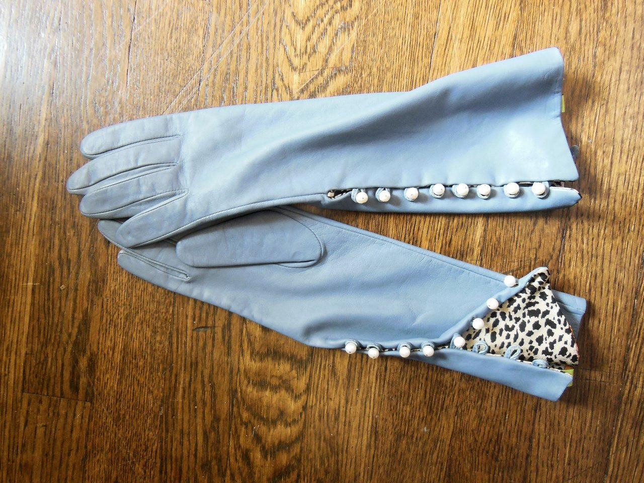 Blue Handmade Leather Gloves, Genuine Pearl Buttons, Love & Gratitude lining