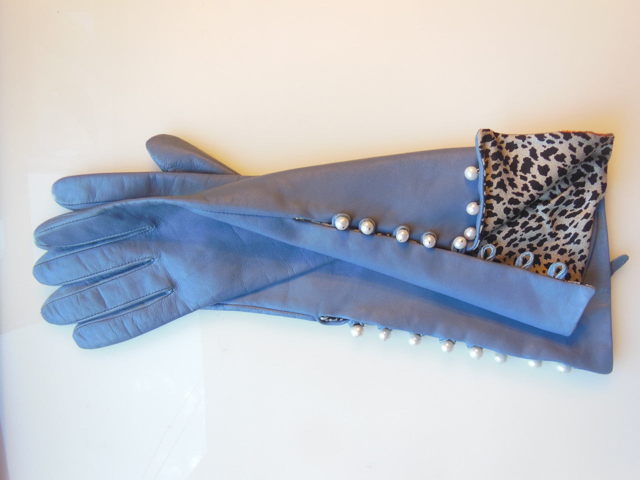 Blue Handmade Leather Gloves, Genuine Pearl Buttons, Love & Gratitude lining