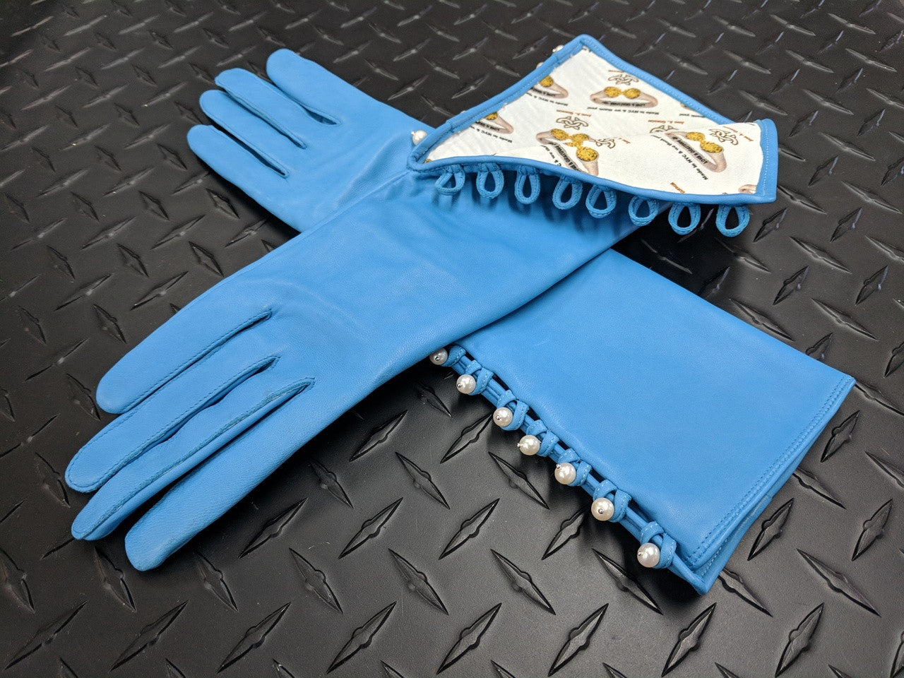 Blue Handmade Leather Gloves, Genuine Pearl Buttons, Love & Gratitude lining
