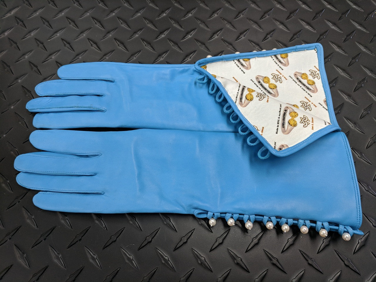 Blue Handmade Leather Gloves, Genuine Pearl Buttons, Love & Gratitude lining
