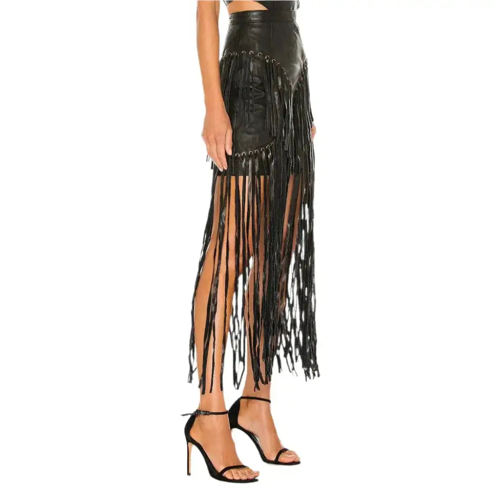 Women’s Black Long Fringe Detailed Leather Skirt