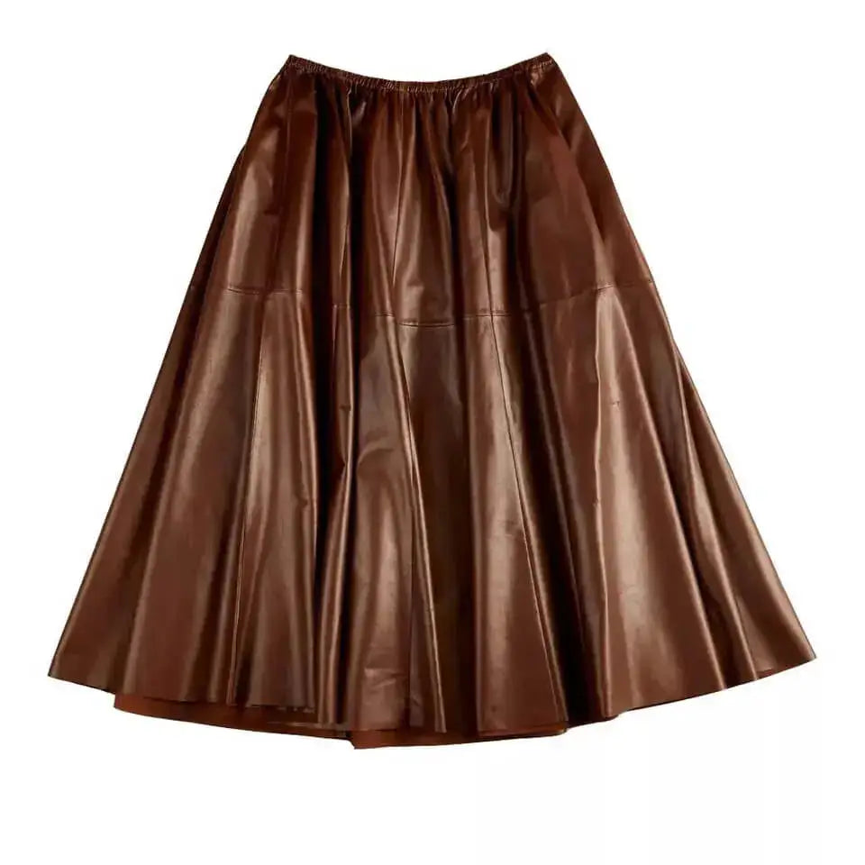 Women’s Brown Real Leather A-Line Flare Midi Skirt