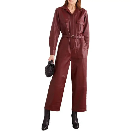 Women's Cherry Red Leather Jumpsuit