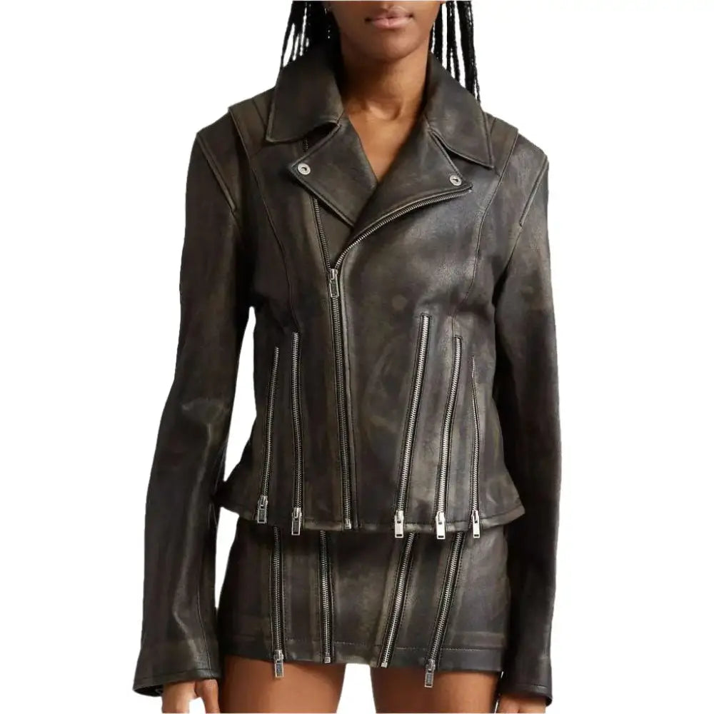 Women's Distressed Black Leather Jacket with Zipper Detail