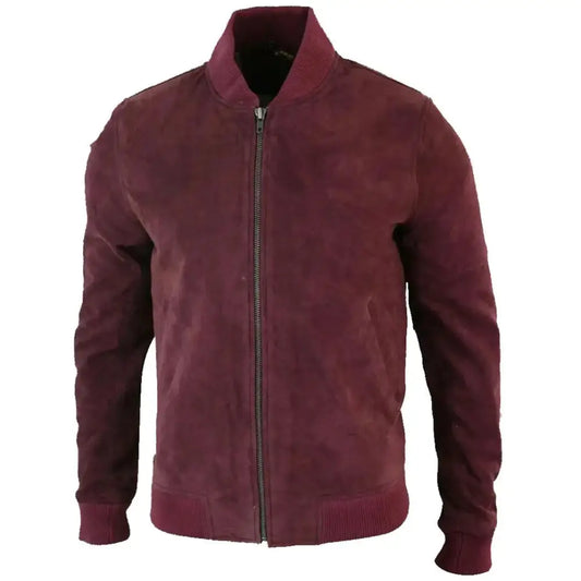 Burgundy Goat Suede Leather Bomber Jacket
