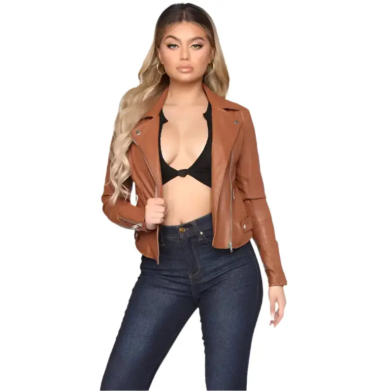 Women’s Brown Leather Biker Jacket-0