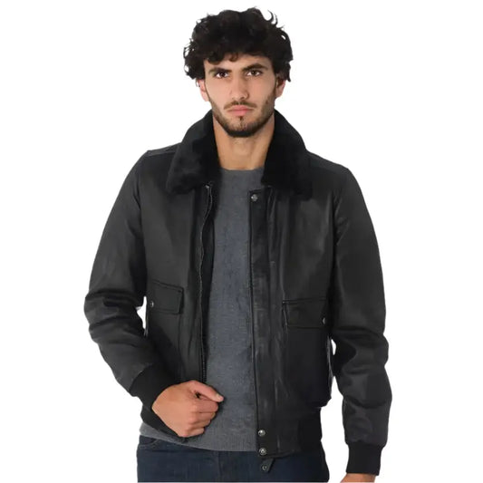 Mens Black Lambskin Leather Aviator Jacket