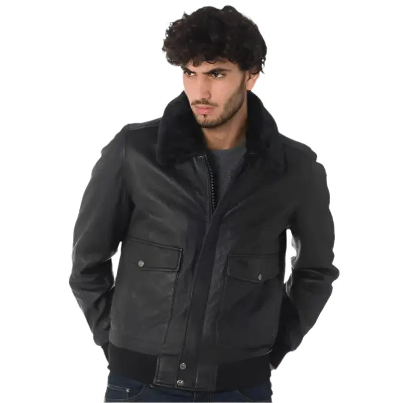 Mens Black Lambskin Leather Aviator Jacket