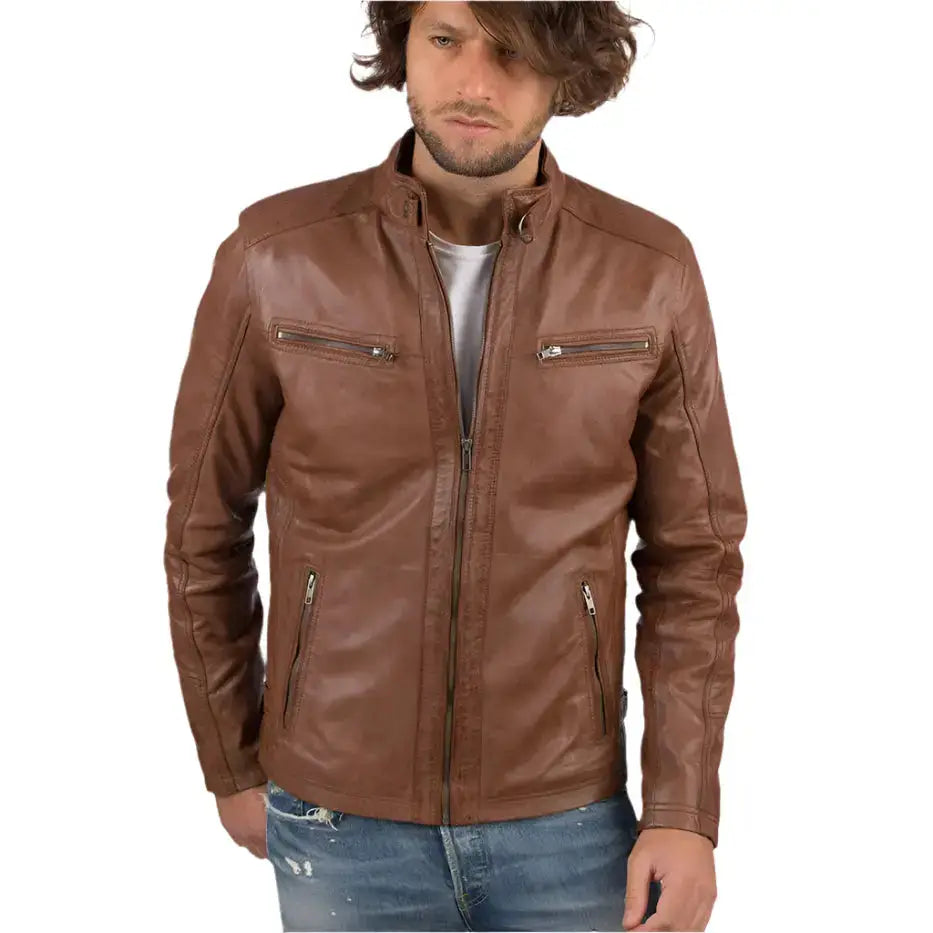 Mens Cognac Sheep Leather Biker Jacket