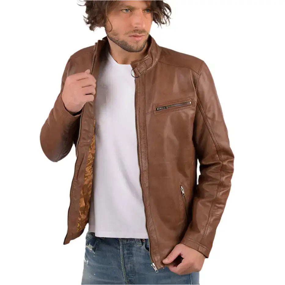 Mens Cognac Sheep Leather Biker Jacket