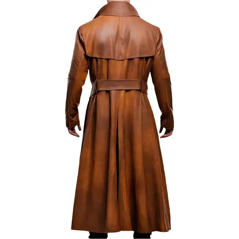 Men’s Peanut Brown Distressed Leather Duster Coat