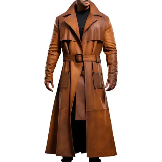 Men’s Peanut Brown Distressed Leather Duster Coat