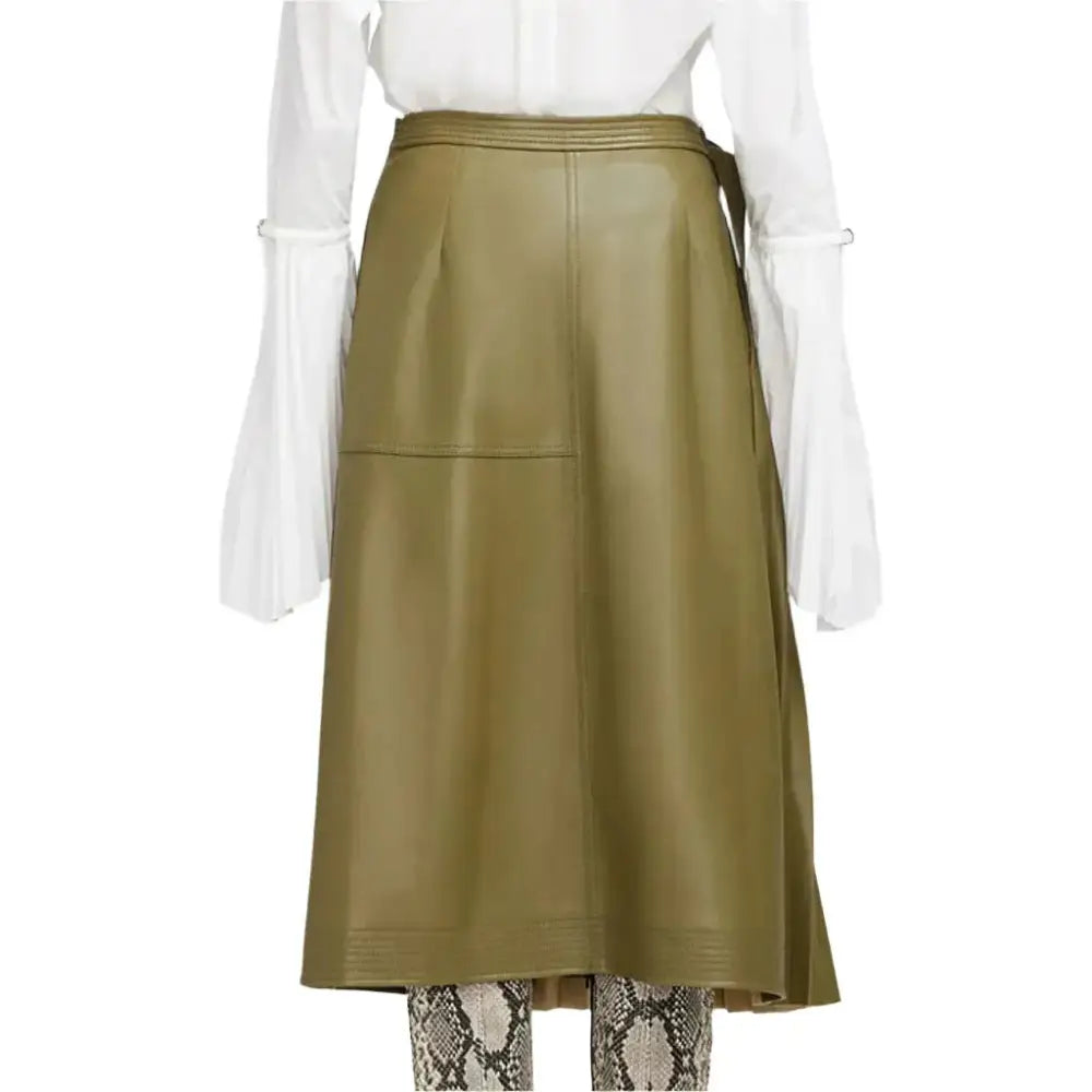 Women's Olive Green Wrap-Style Midi Leather Skirt