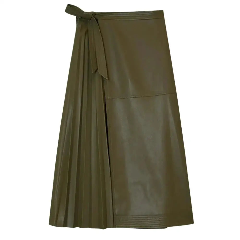 Women's Olive Green Wrap-Style Midi Leather Skirt