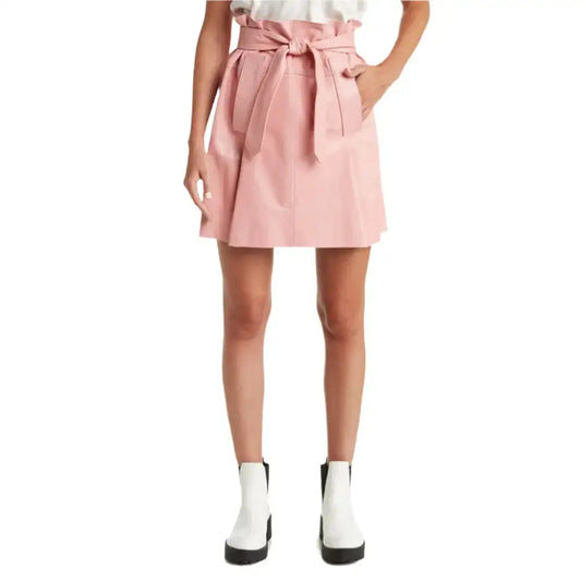 Women's Pastel Pink Belted Mini Leather Skirt
