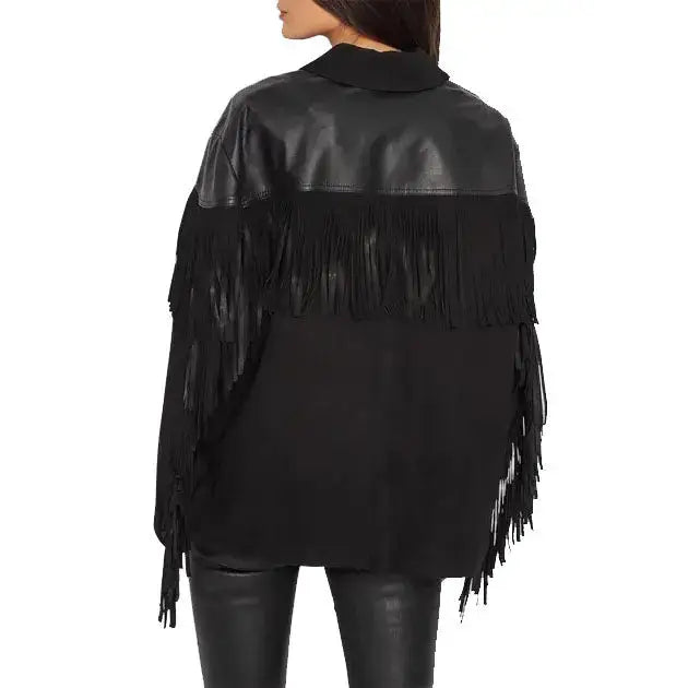 Women's Suede Fringe Jacket with Leather Shoulders – Western Cowgirl Shirt