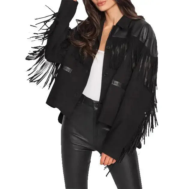 Women's Suede Fringe Jacket with Leather Shoulders – Western Cowgirl Shirt
